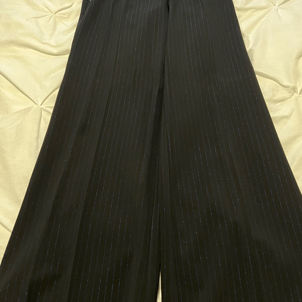 Black pant suit with blue stripes